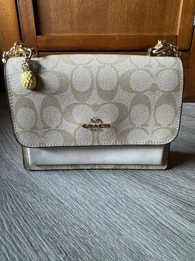 Coach Beige Signature Canvas Shoulder Bag with Gold Hardware